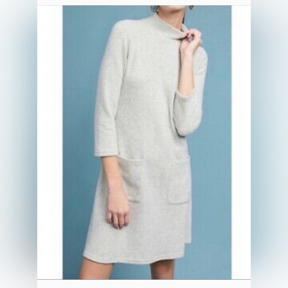 Moth Anthropologie Alba Mockneck Sweater Knit Dress Pockets Heather Cream Medium